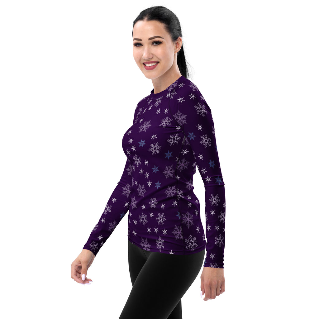 Women's Purple Snowflake Long Sleeve Rash Guard Swim Shirt – Buttery Soft, Sun Safe UPF 50+ Protection, Quick Dry & 4-Way Stretch Comfort