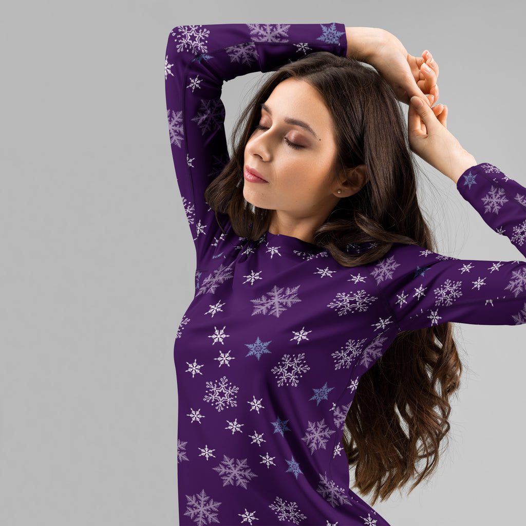 Women's Purple Snowflake Long Sleeve Rash Guard Swim Shirt – Buttery Soft, Sun Safe UPF 50+ Protection, Quick Dry & 4-Way Stretch Comfort
