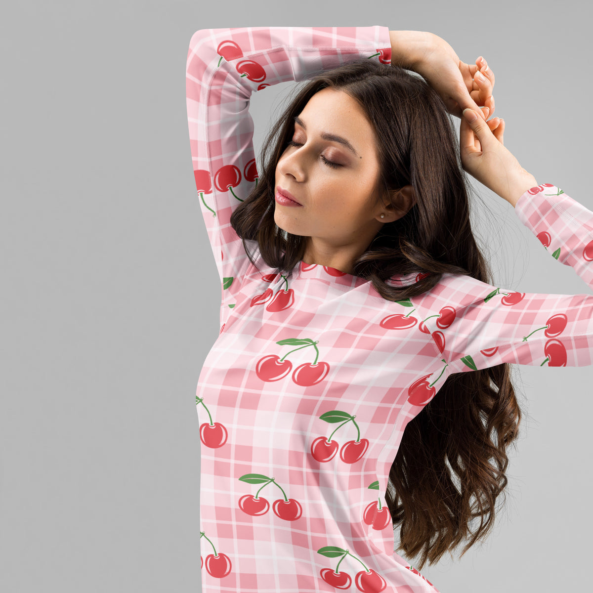 Women's Pink Plaid Cherry Long Sleeve Rash Guard Swim Shirt – Buttery Soft, Sun Safe UPF 50+ Protection, Quick Dry & 4-Way Stretch Comfort