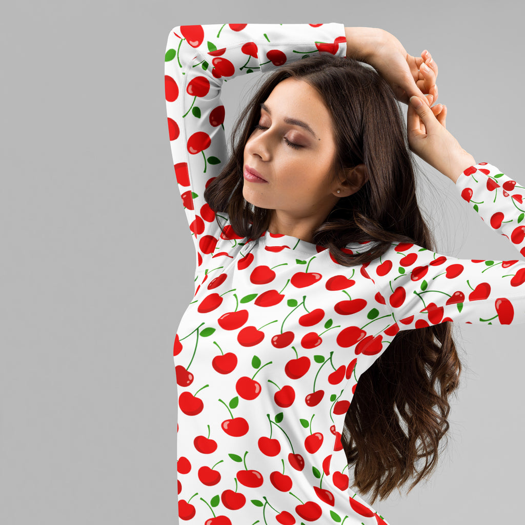 Women's Red Cherry Long Sleeve Rash Guard Swim Shirt – Buttery Soft, Sun Safe UPF 50+ Protection, Quick Dry & 4-Way Stretch Comfort