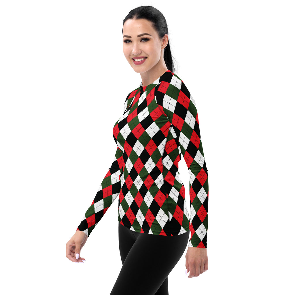 Women's Christmas Argyle Long Sleeve Rash Guard Swim Shirt – Buttery Soft, Sun Safe UPF 50+ Protection, Quick Dry & 4-Way Stretch Comfort
