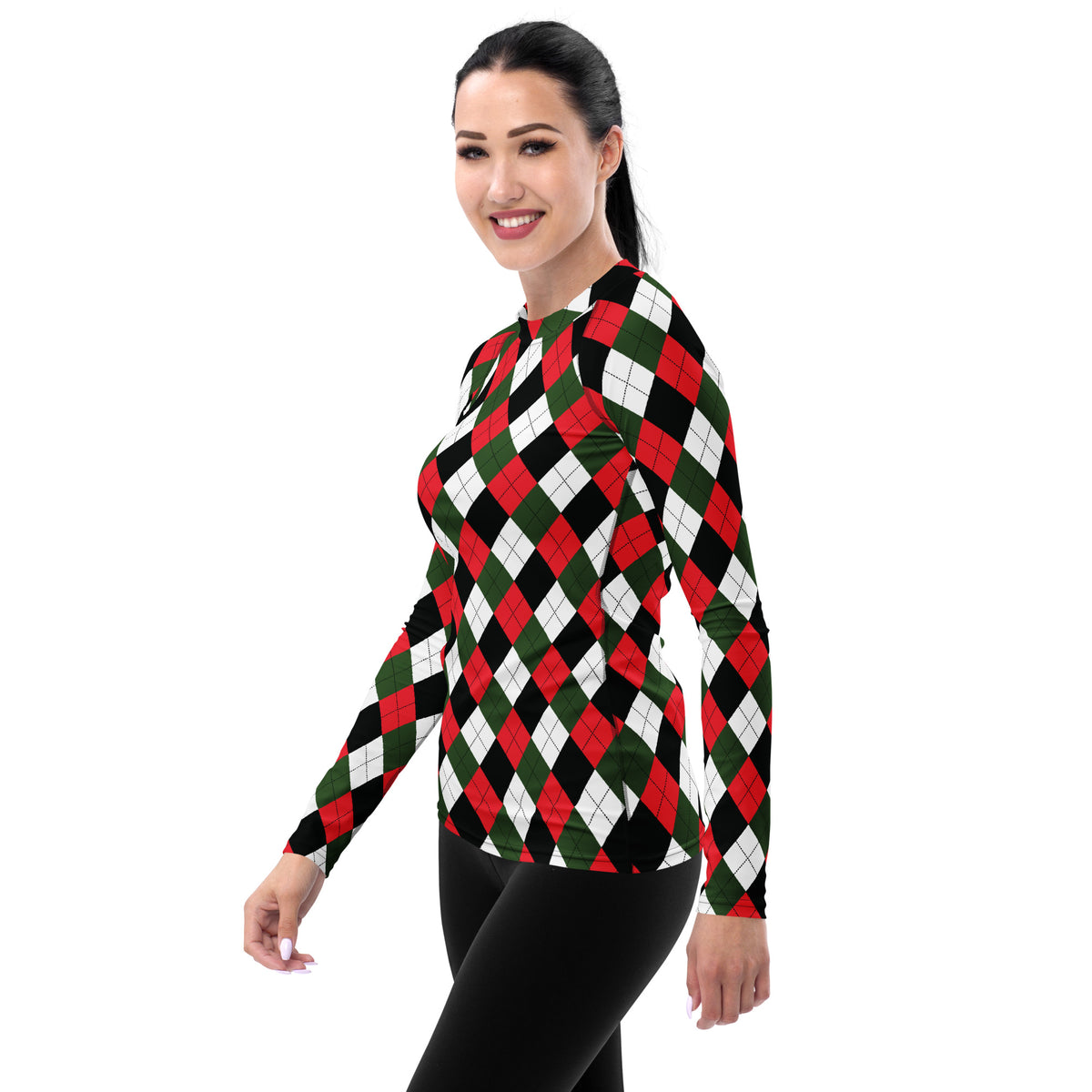 Women's Christmas Argyle Long Sleeve Rash Guard Swim Shirt – Buttery Soft, Sun Safe UPF 50+ Protection, Quick Dry & 4-Way Stretch Comfort