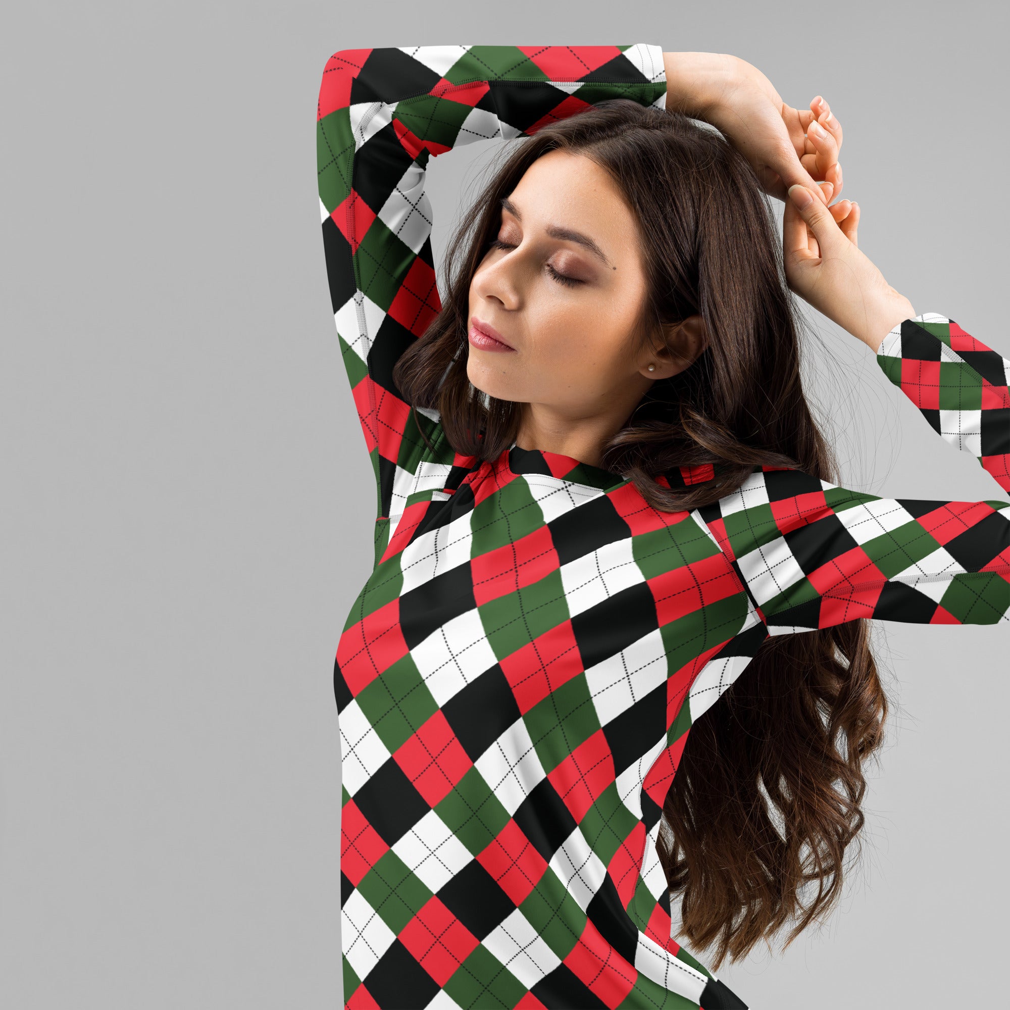 Women's Christmas Argyle Long Sleeve Rash Guard Swim Shirt – Buttery Soft, Sun Safe UPF 50+ Protection, Quick Dry & 4-Way Stretch Comfort