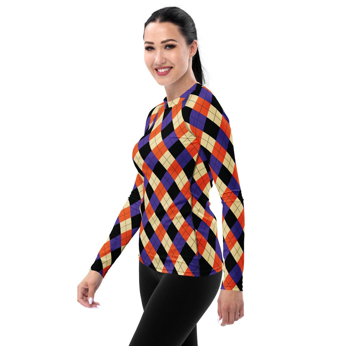 Women's Halloween Argyle Long Sleeve Rash Guard Swim Shirt – Buttery Soft, Sun Safe UPF 50+ Protection, Quick Dry & 4-Way Stretch Comfort
