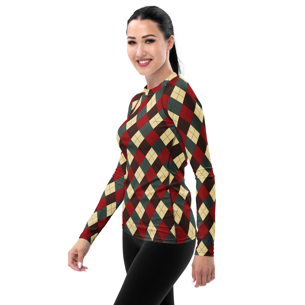 Women's Red Green Brown Christmas Argyle Long Sleeve Rash Guard Swim Shirt – Buttery Soft, Sun Safe UPF 50+ Protection, Quick Dry & 4-Way Stretch Comfort