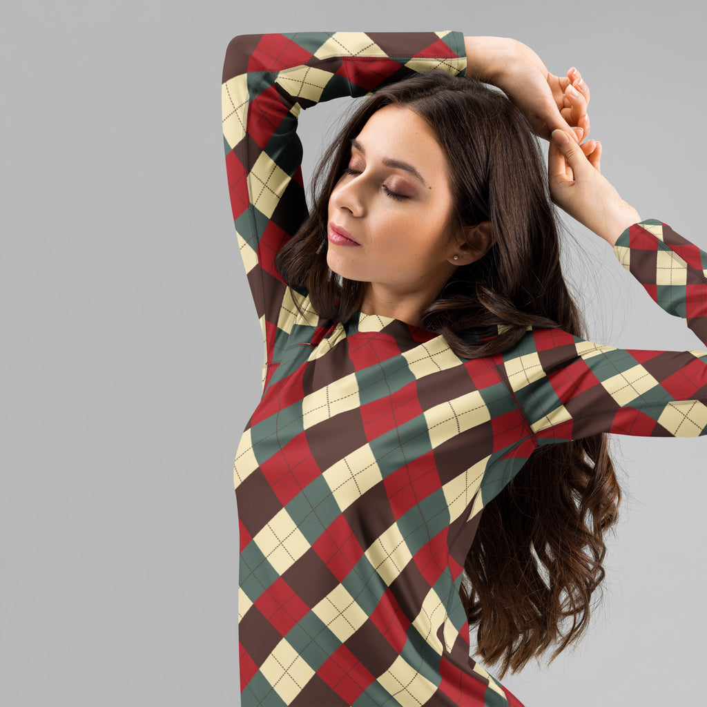 Women's Red Green Brown Christmas Argyle Long Sleeve Rash Guard Swim Shirt – Buttery Soft, Sun Safe UPF 50+ Protection, Quick Dry & 4-Way Stretch Comfort