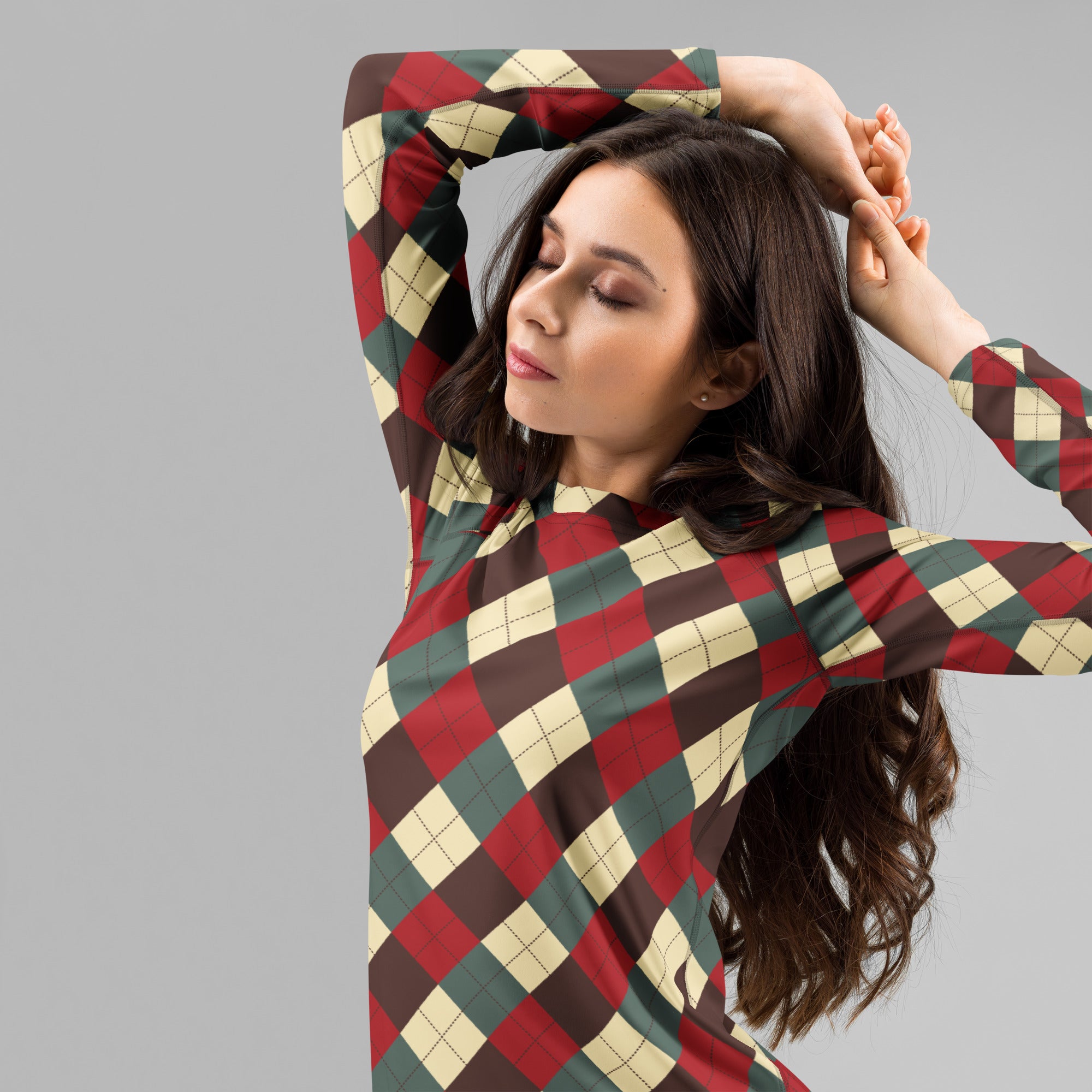 Women's Red Green Brown Christmas Argyle Long Sleeve Rash Guard Swim Shirt – Buttery Soft, Sun Safe UPF 50+ Protection, Quick Dry & 4-Way Stretch Comfort