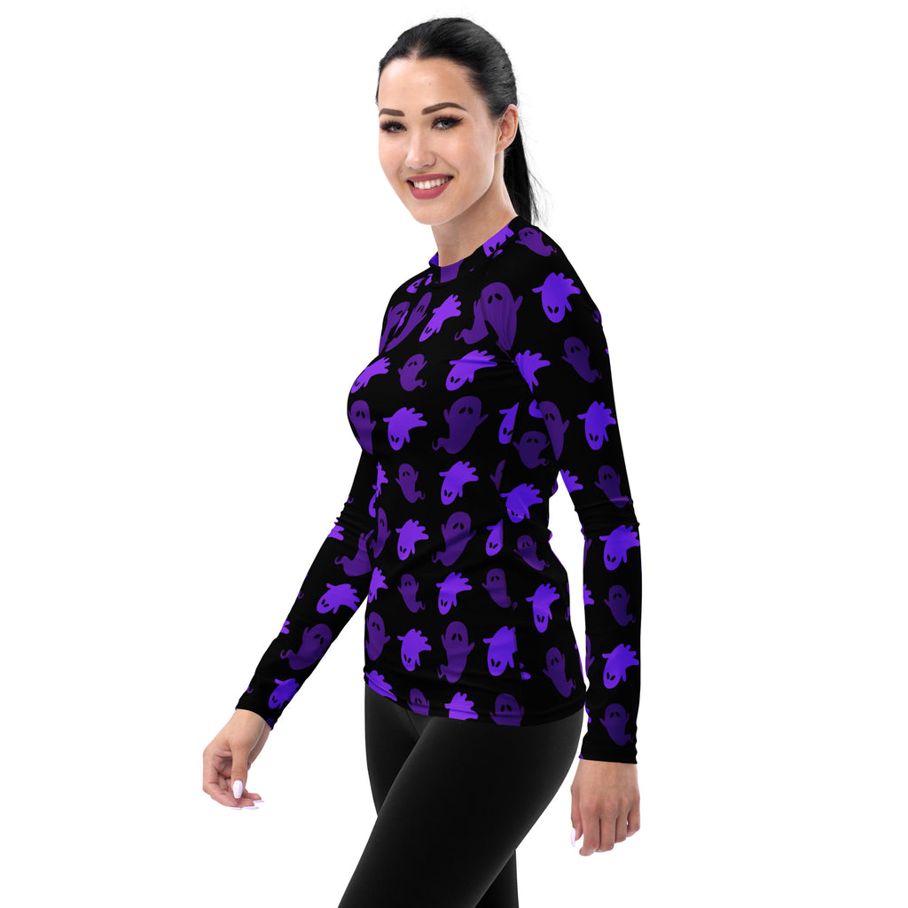 Women's Purple Ghost Halloween Long Sleeve Rash Guard Swim Shirt – Buttery Soft, Sun Safe UPF 50+ Protection, Quick Dry & 4-Way Stretch Comfort