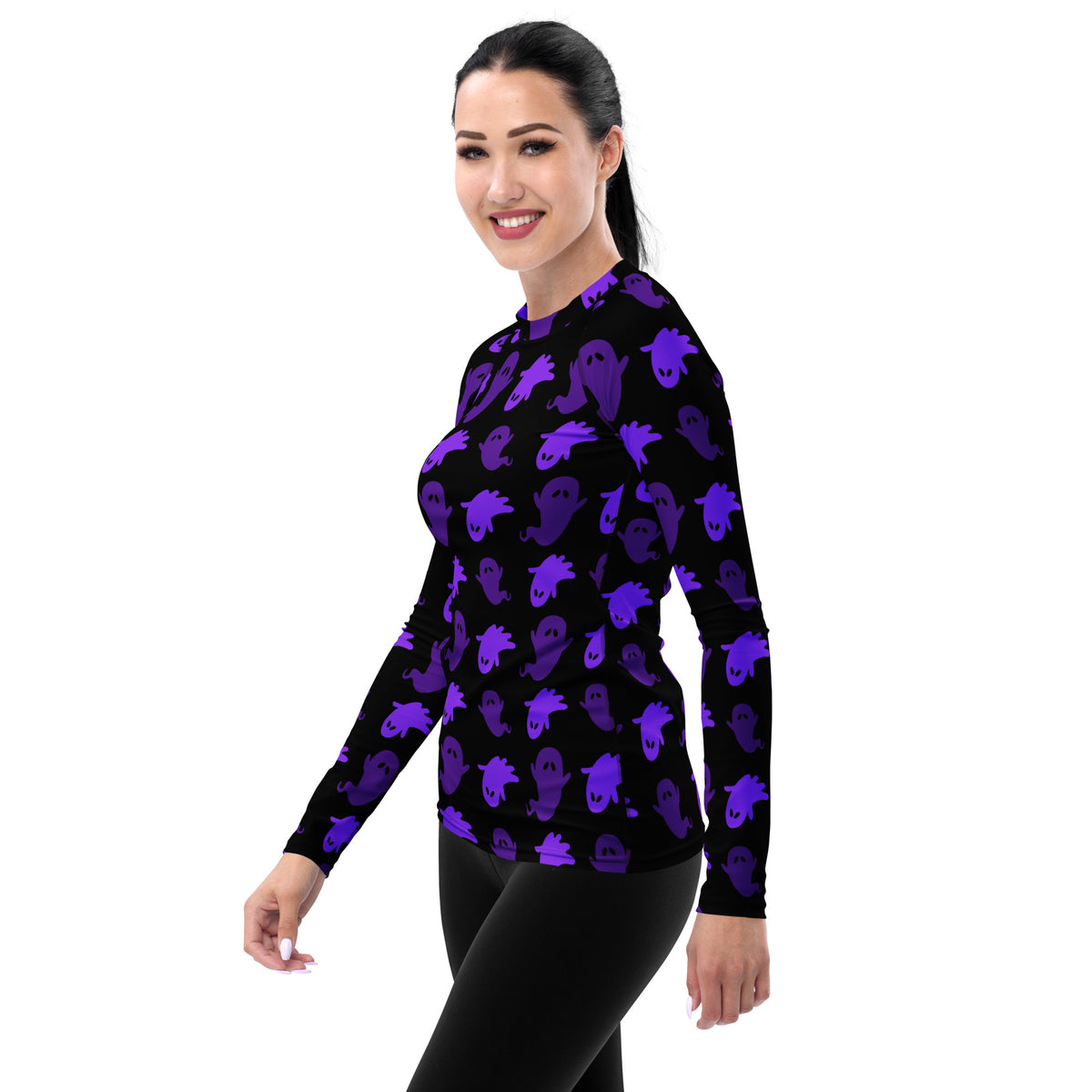 Women's Purple Ghost Halloween Long Sleeve Rash Guard Swim Shirt – Buttery Soft, Sun Safe UPF 50+ Protection, Quick Dry & 4-Way Stretch Comfort