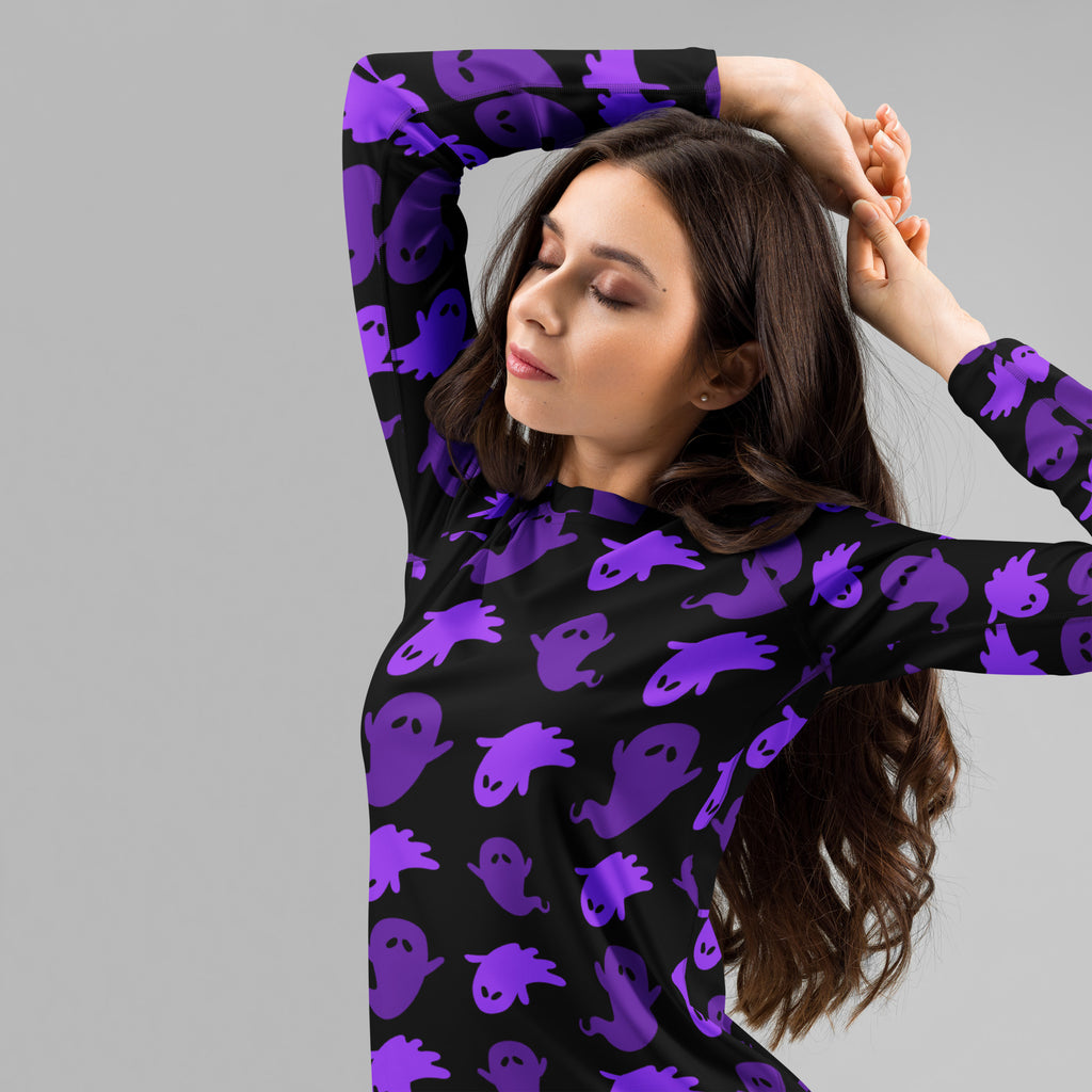 Women's Purple Ghost Halloween Long Sleeve Rash Guard Swim Shirt – Buttery Soft, Sun Safe UPF 50+ Protection, Quick Dry & 4-Way Stretch Comfort
