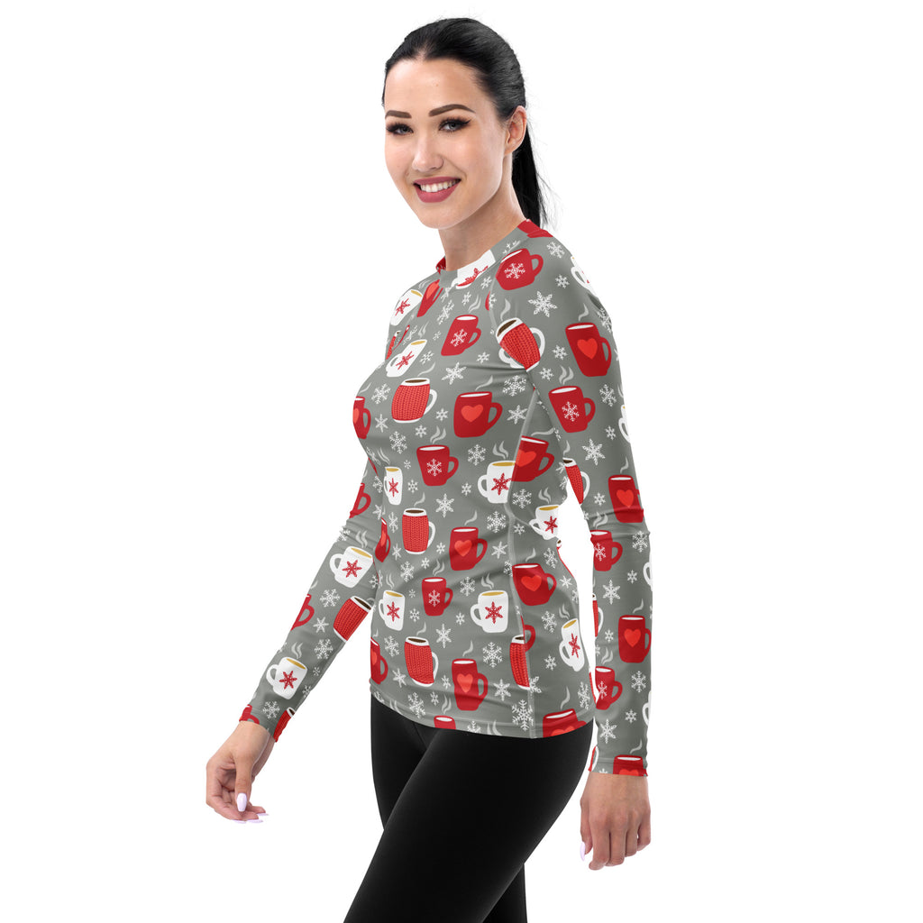 Women's Christmas Coffee Long Sleeve Rash Guard Swim Shirt – Buttery Soft, Sun Safe UPF 50+ Protection, Quick Dry & 4-Way Stretch Comfort