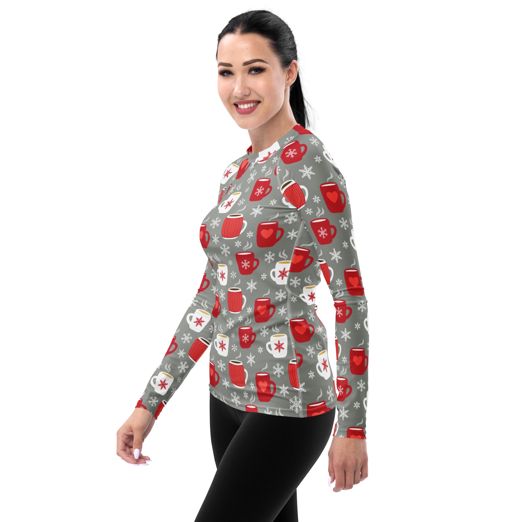 Women's Christmas Coffee Long Sleeve Rash Guard Swim Shirt – Buttery Soft, Sun Safe UPF 50+ Protection, Quick Dry & 4-Way Stretch Comfort