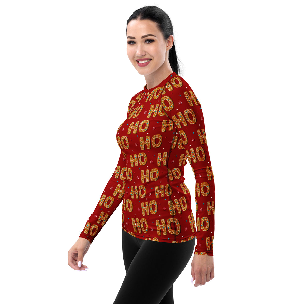 Women's Gingerbread Ho Ho Ho Christmas Long Sleeve Rash Guard Swim Shirt – Buttery Soft, Sun Safe UPF 50+ Protection, Quick Dry & 4-Way Stretch Comfort