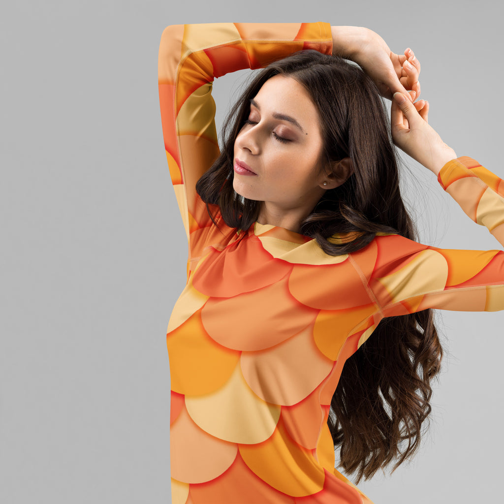 Women's Orange Mermaid Long Sleeve Rash Guard Swim Shirt – Buttery Soft, Sun Safe UPF 50+ Protection, Quick Dry & 4-Way Stretch Comfort