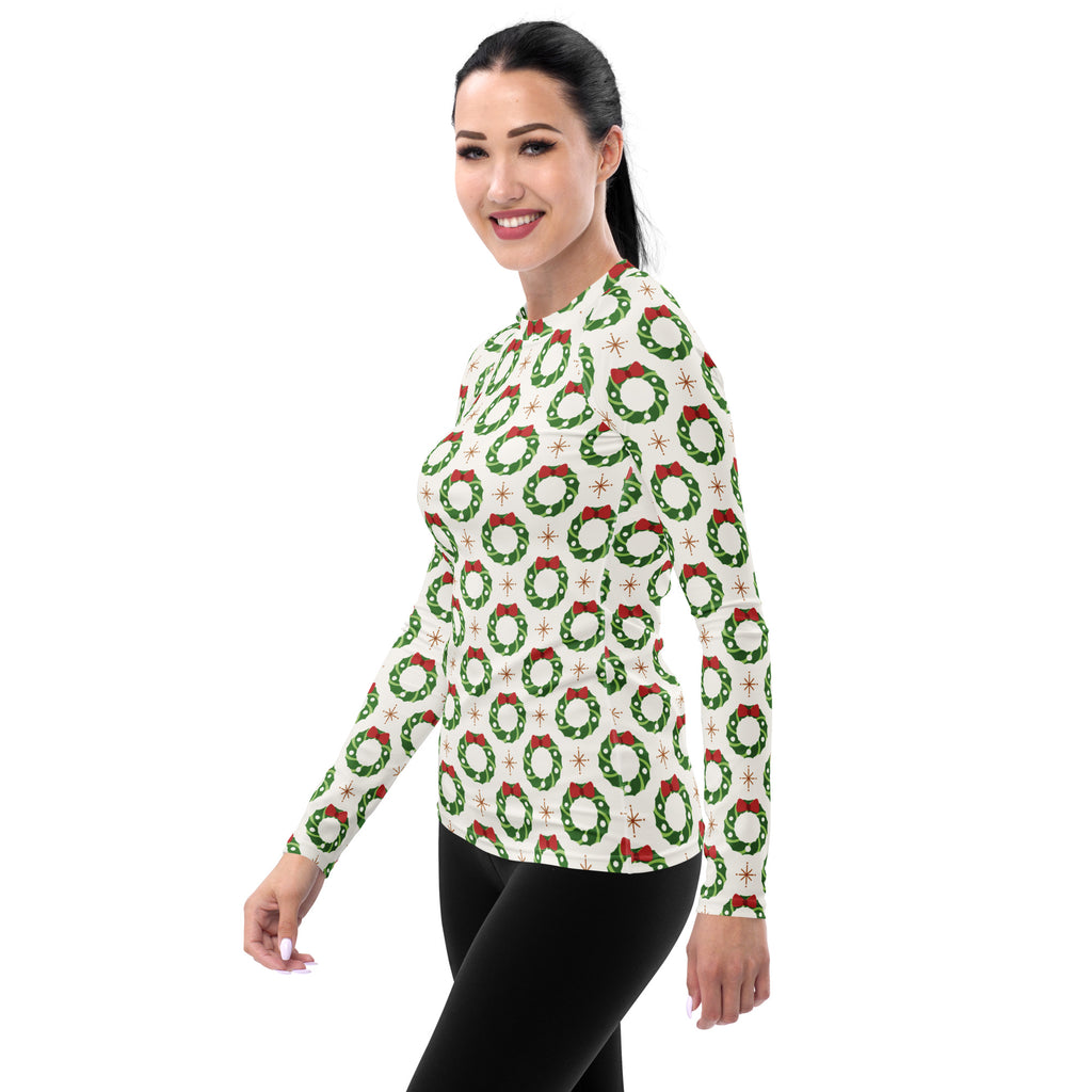 Women's Christmas Wreath Long Sleeve Rash Guard Swim Shirt – Buttery Soft, Sun Safe UPF 50+ Protection, Quick Dry & 4-Way Stretch Comfort