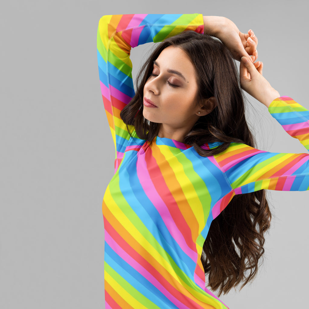 Women's Rainbow Stripe Long Sleeve Rash Guard Swim Shirt – Buttery Soft, Sun Safe UPF 50+ Protection, Quick Dry & 4-Way Stretch Comfort
