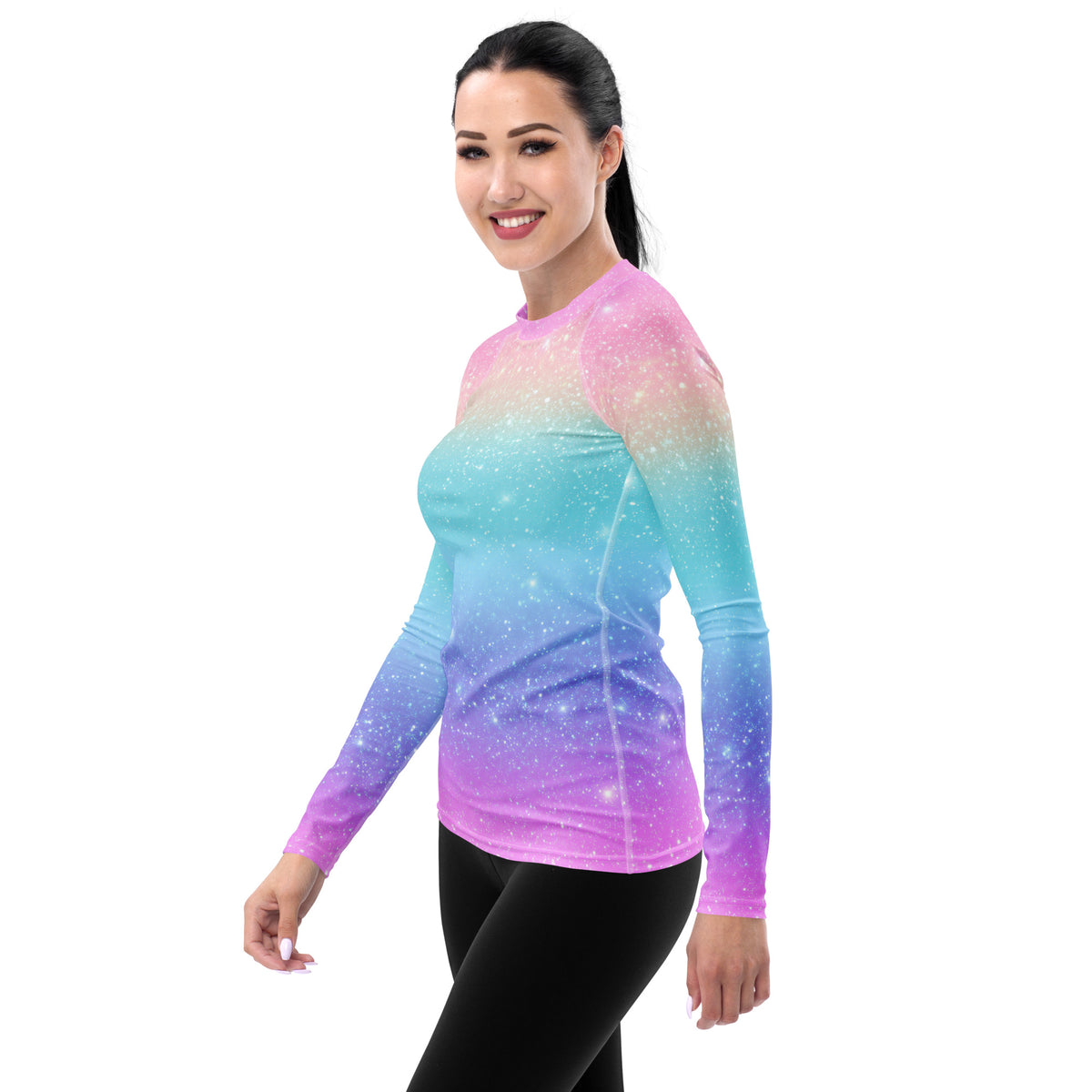 Women's Faux Sparkle Effect Long Sleeve Rash Guard Swim Shirt – Buttery Soft, Sun Safe UPF 50+ Protection, Quick Dry & 4-Way Stretch Comfort