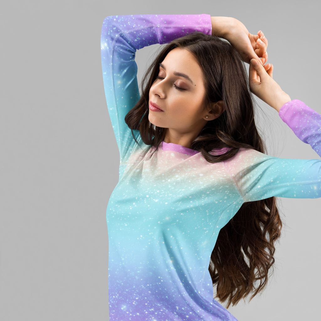 Women's Faux Sparkle Effect Long Sleeve Rash Guard Swim Shirt – Buttery Soft, Sun Safe UPF 50+ Protection, Quick Dry & 4-Way Stretch Comfort