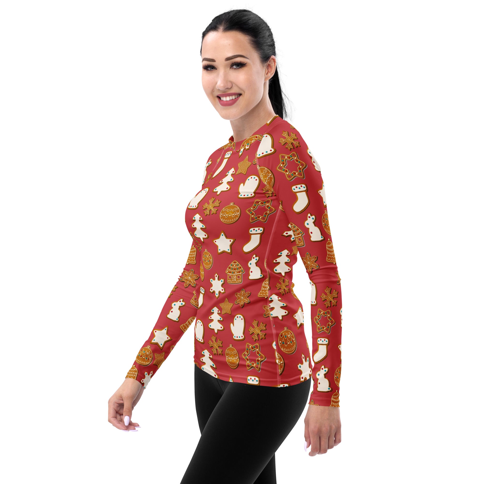 Women's Red Christmas Cookie Long Sleeve Rash Guard Swim Shirt – Buttery Soft, Sun Safe UPF 50+ Protection, Quick Dry & 4-Way Stretch Comfort