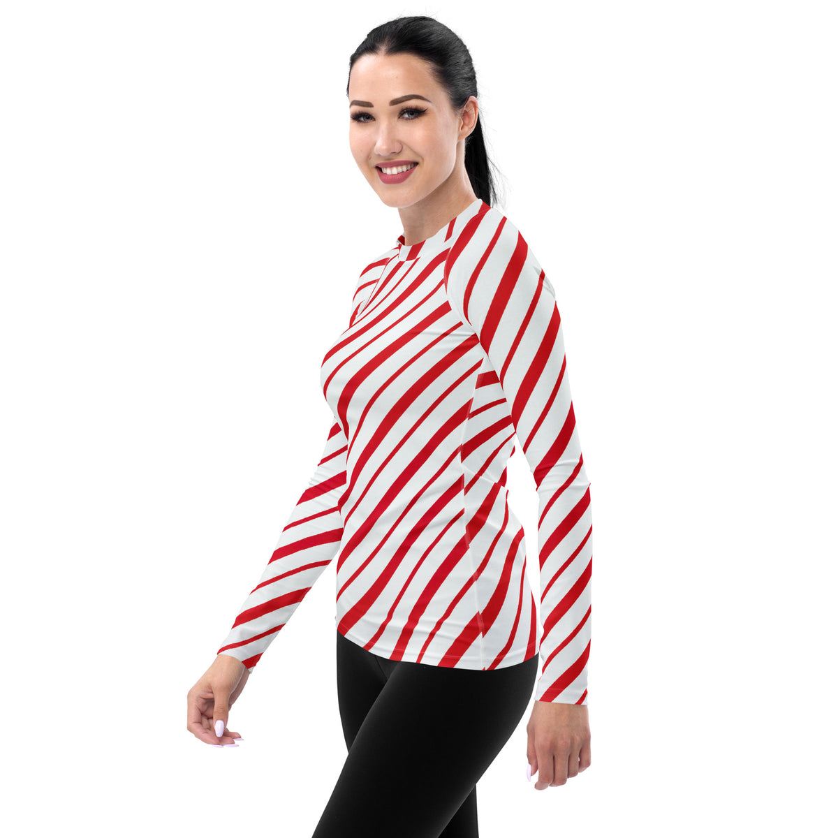 Women's Red Candy Cane Stripe Long Sleeve Rash Guard Swim Shirt – Buttery Soft, Sun Safe UPF 50+ Protection, Quick Dry & 4-Way Stretch Comfort