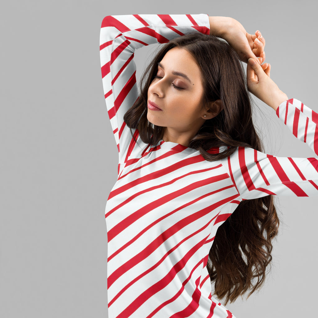 Women's Red Candy Cane Stripe Long Sleeve Rash Guard Swim Shirt – Buttery Soft, Sun Safe UPF 50+ Protection, Quick Dry & 4-Way Stretch Comfort