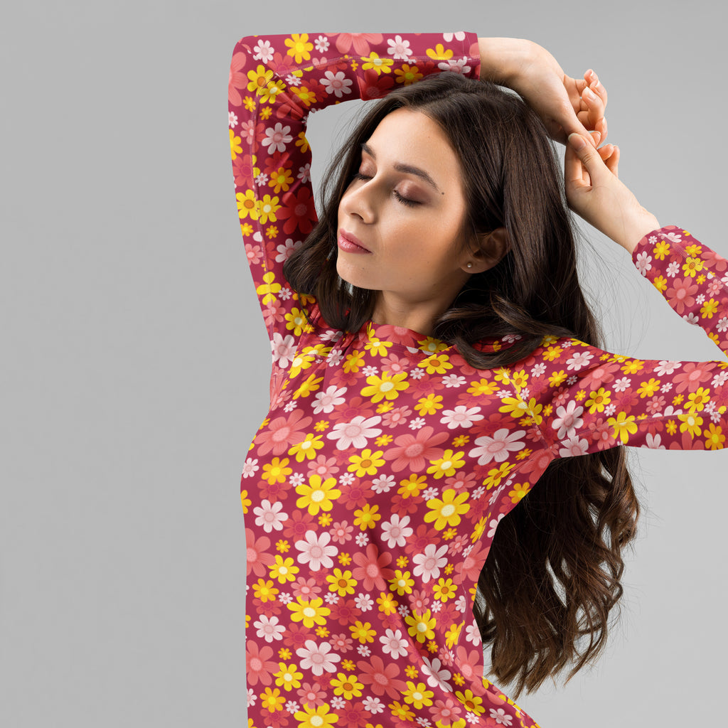 Women's Red Floral Long Sleeve Rash Guard Swim Shirt – Buttery Soft, Sun Safe UPF 50+ Protection, Quick Dry & 4-Way Stretch Comfort