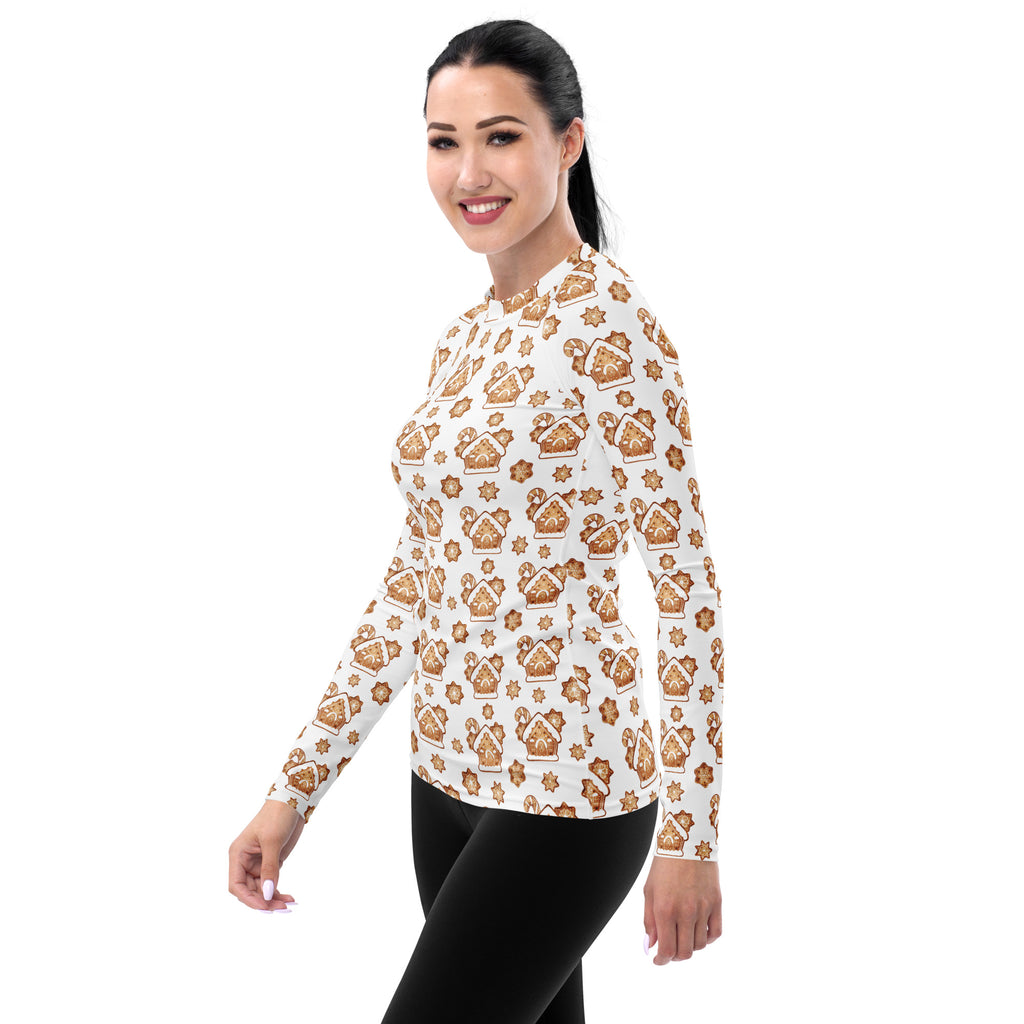 Women's Gingerbread House Long Sleeve Rash Guard Swim Shirt – Buttery Soft, Sun Safe UPF 50+ Protection, Quick Dry & 4-Way Stretch Comfort