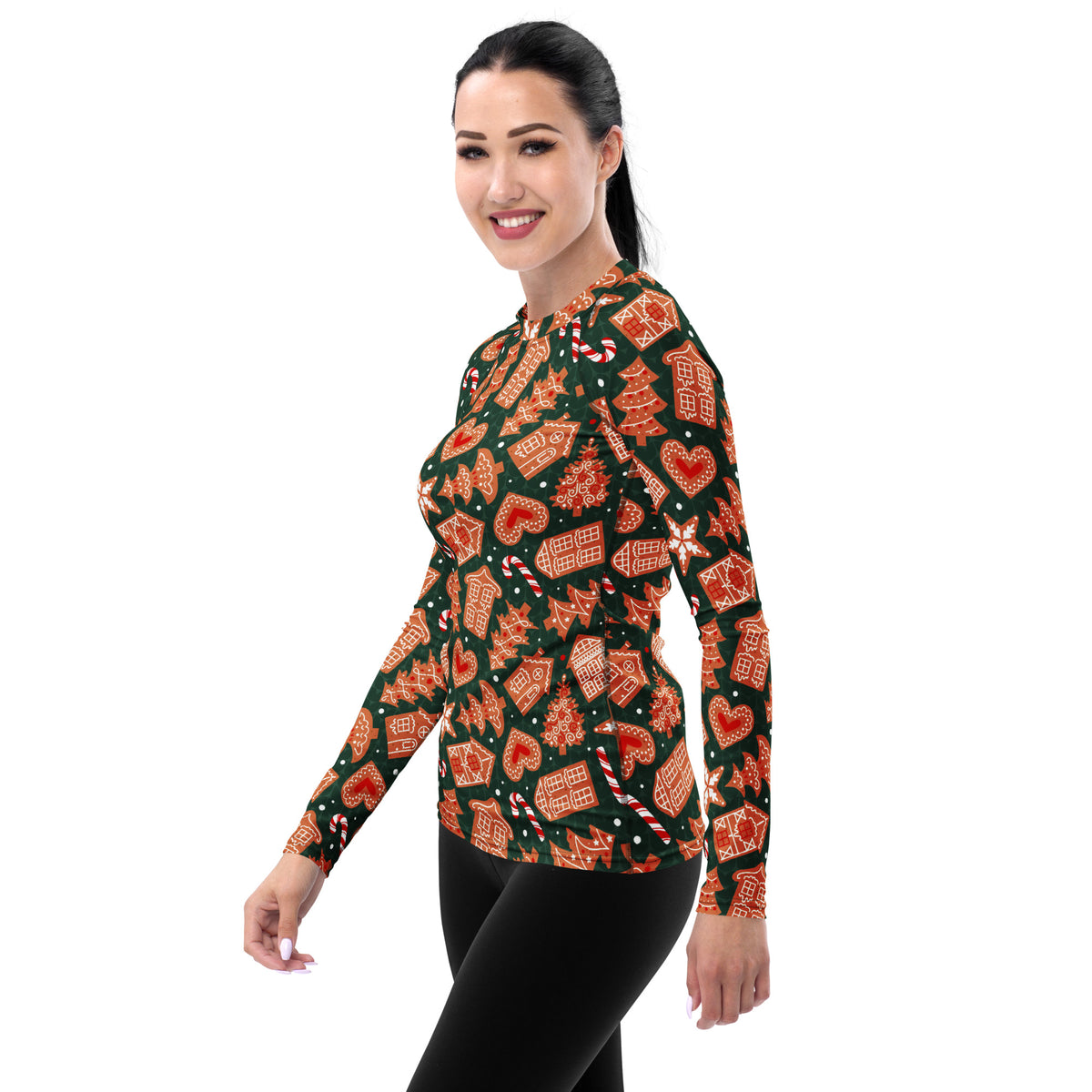 Women's Green Gingerbread Cookie Long Sleeve Rash Guard Swim Shirt – Buttery Soft, Sun Safe UPF 50+ Protection, Quick Dry & 4-Way Stretch Comfort