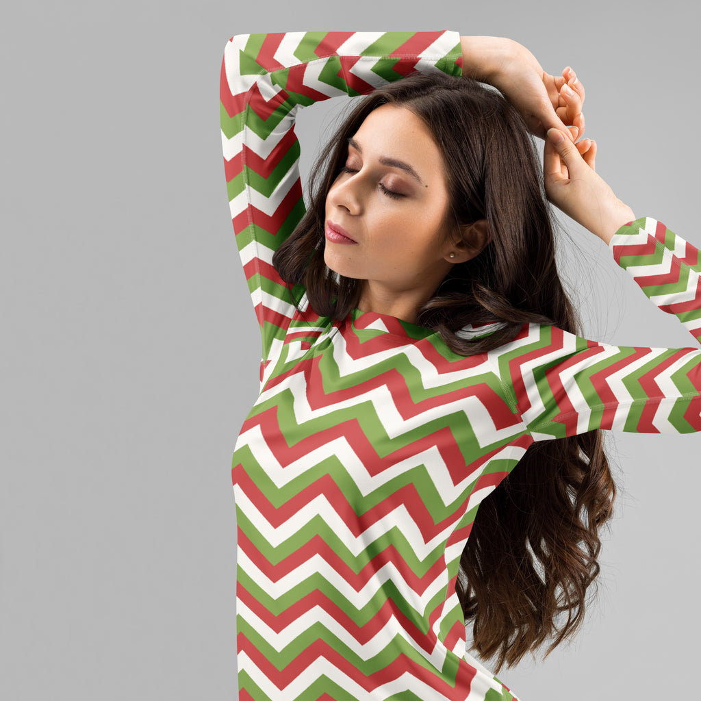 Women's Christmas Chevron Long Sleeve Rash Guard Swim Shirt – Buttery Soft, Sun Safe UPF 50+ Protection, Quick Dry & 4-Way Stretch Comfort