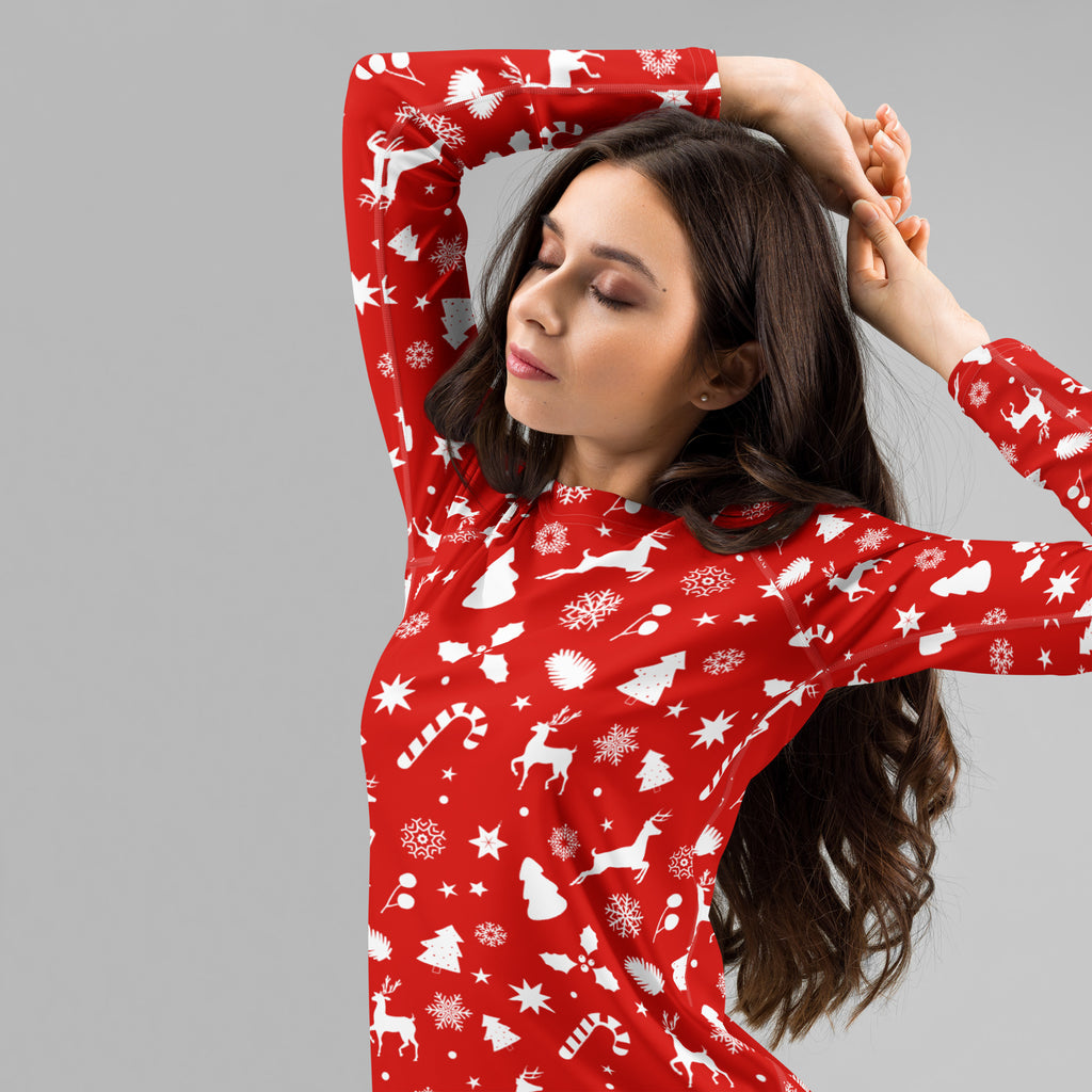 Women's Red Christmas Long Sleeve Rash Guard Swim Shirt – Buttery Soft, Sun Safe UPF 50+ Protection, Quick Dry & 4-Way Stretch Comfort