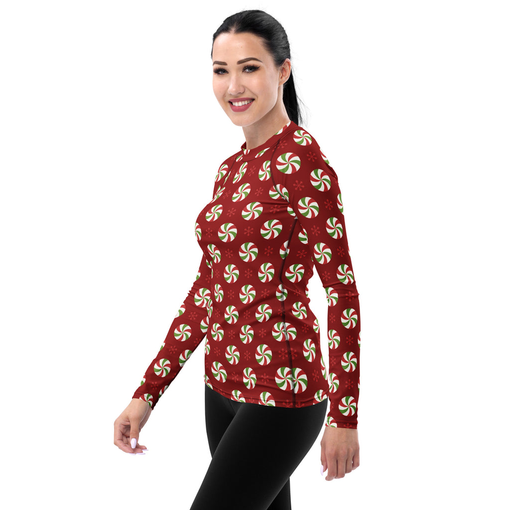 Women's Peppermint Christmas Long Sleeve Rash Guard Swim Shirt – Buttery Soft, Sun Safe UPF 50+ Protection, Quick Dry & 4-Way Stretch Comfort