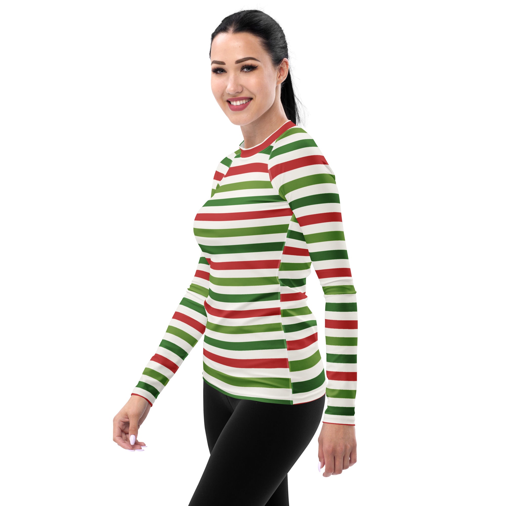 Women's Christmas Stripe Long Sleeve Rash Guard Swim Shirt – Buttery Soft, Sun Safe UPF 50+ Protection, Quick Dry & 4-Way Stretch Comfort