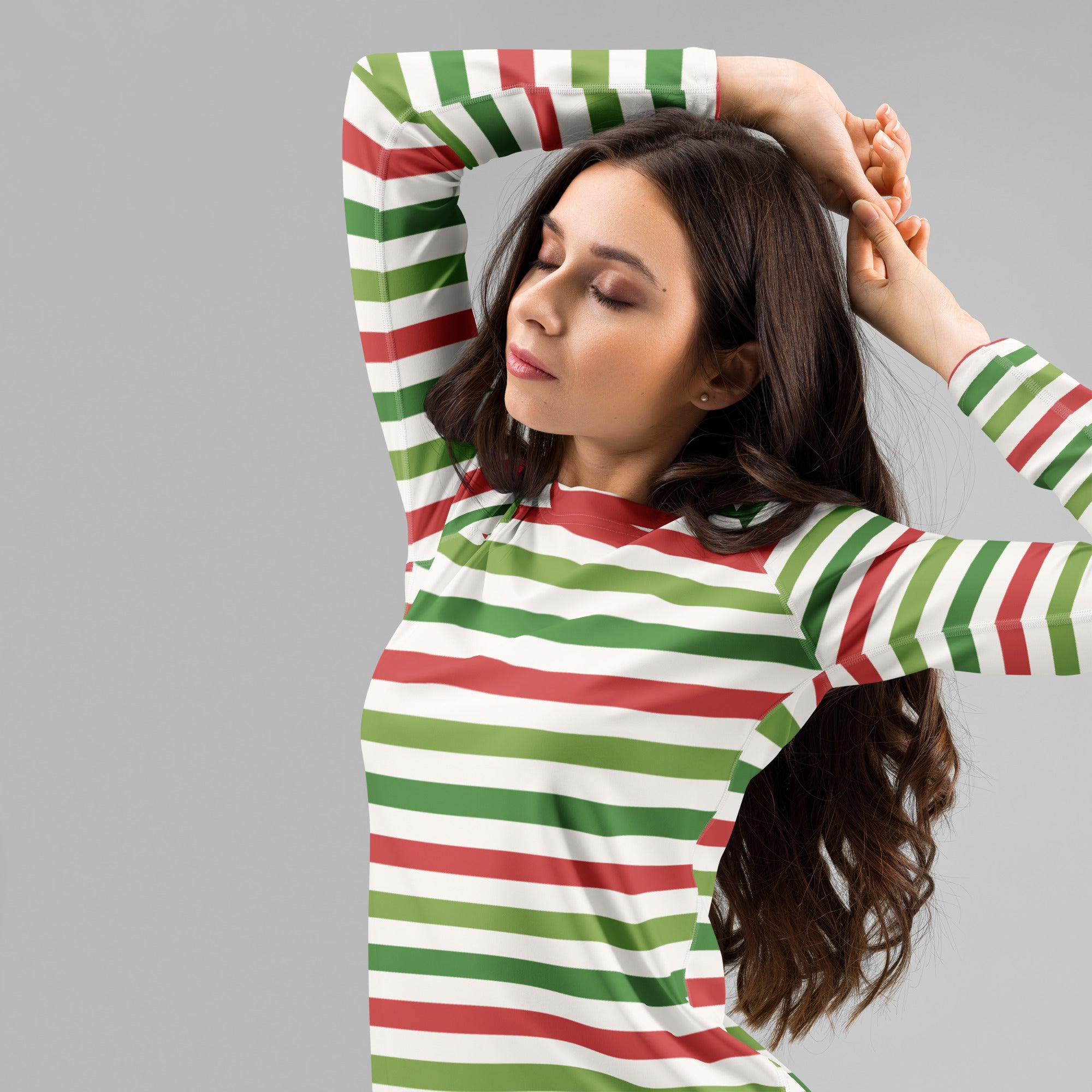 Women's Christmas Stripe Long Sleeve Rash Guard Swim Shirt – Buttery Soft, Sun Safe UPF 50+ Protection, Quick Dry & 4-Way Stretch Comfort