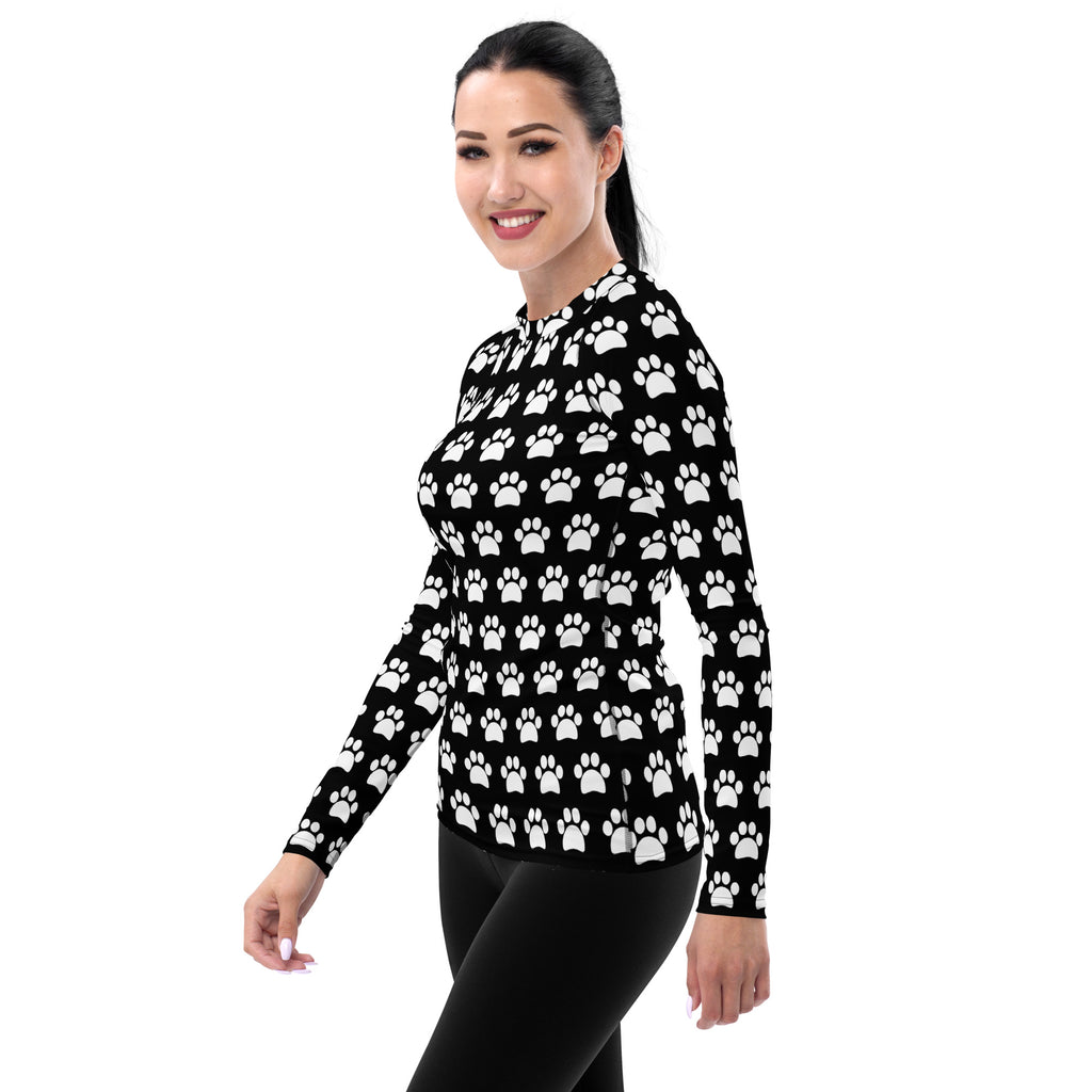Women's Black Paw Print Long Sleeve Rash Guard Swim Shirt – Buttery Soft, Sun Safe UPF 50+ Protection, Quick Dry & 4-Way Stretch Comfort