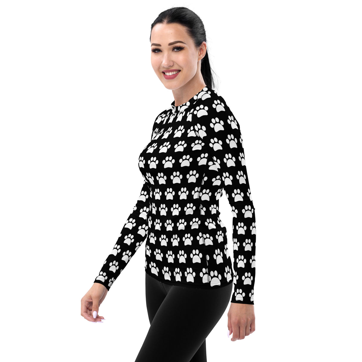 Women's Black Paw Print Long Sleeve Rash Guard Swim Shirt – Buttery Soft, Sun Safe UPF 50+ Protection, Quick Dry & 4-Way Stretch Comfort