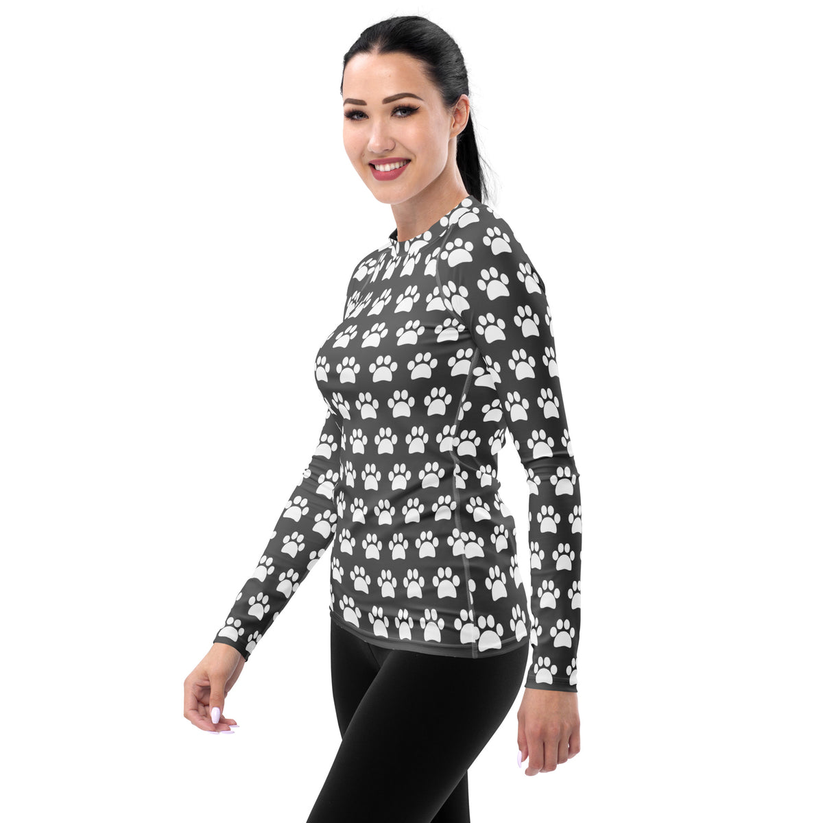 Women's Gray Paw Print Long Sleeve Rash Guard Swim Shirt – Buttery Soft, Sun Safe UPF 50+ Protection, Quick Dry & 4-Way Stretch Comfort