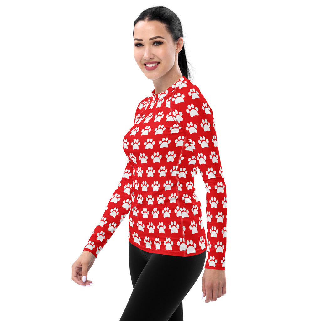 Women's Red Paw Print Long Sleeve Rash Guard Swim Shirt – Buttery Soft, Sun Safe UPF 50+ Protection, Quick Dry & 4-Way Stretch Comfort