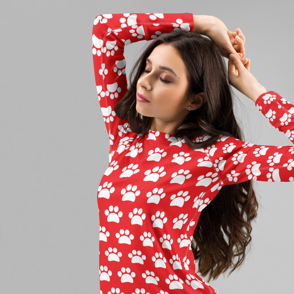 Women's Red Paw Print Long Sleeve Rash Guard Swim Shirt – Buttery Soft, Sun Safe UPF 50+ Protection, Quick Dry & 4-Way Stretch Comfort