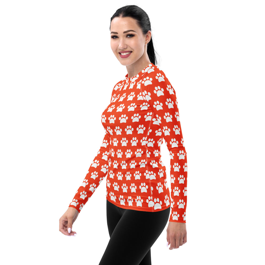 Women's Bright Orange Paw Print Long Sleeve Rash Guard Swim Shirt – Buttery Soft, Sun Safe UPF 50+ Protection, Quick Dry & 4-Way Stretch Comfort