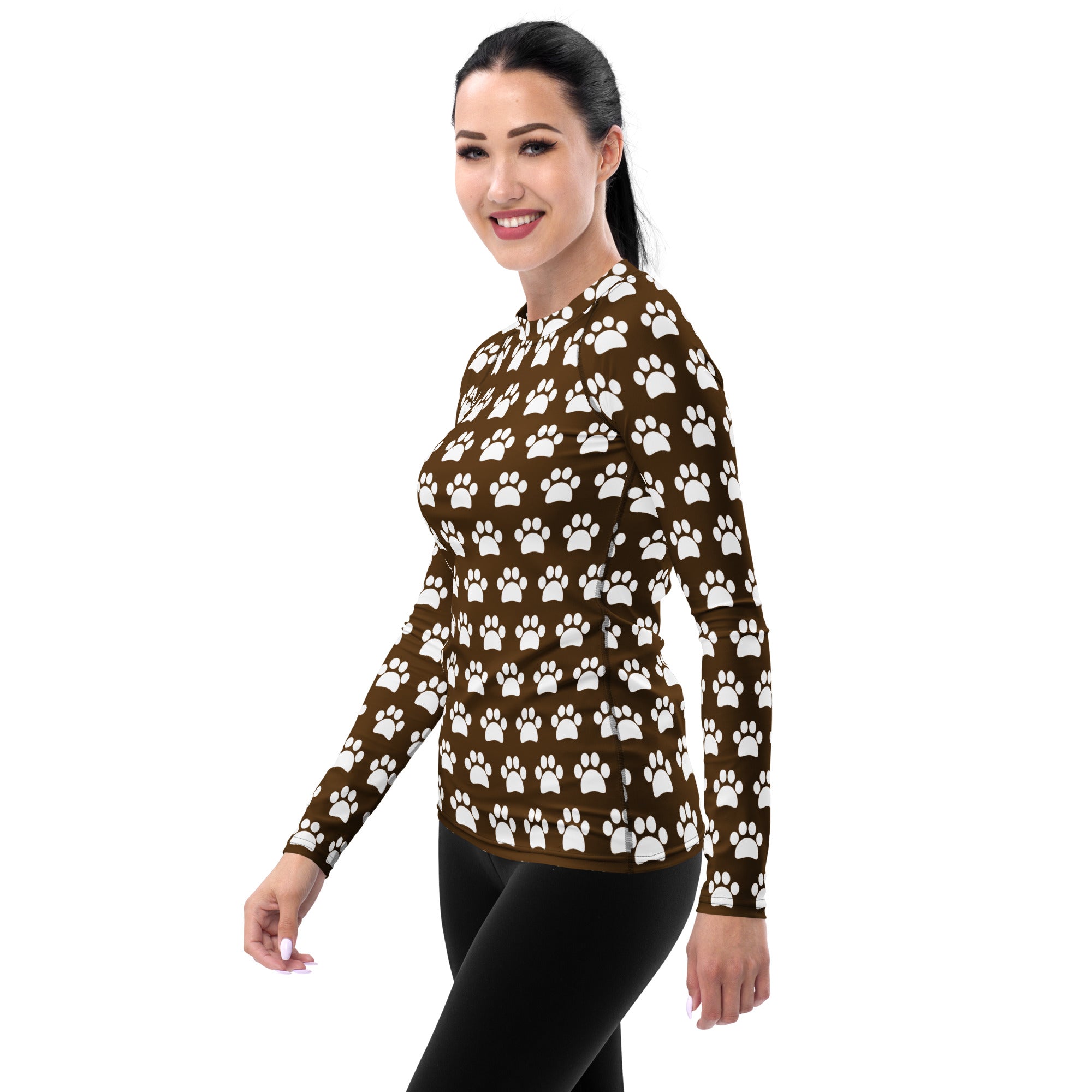 Women's Brown Paw Print Long Sleeve Rash Guard Swim Shirt – Buttery Soft, Sun Safe UPF 50+ Protection, Quick Dry & 4-Way Stretch Comfort