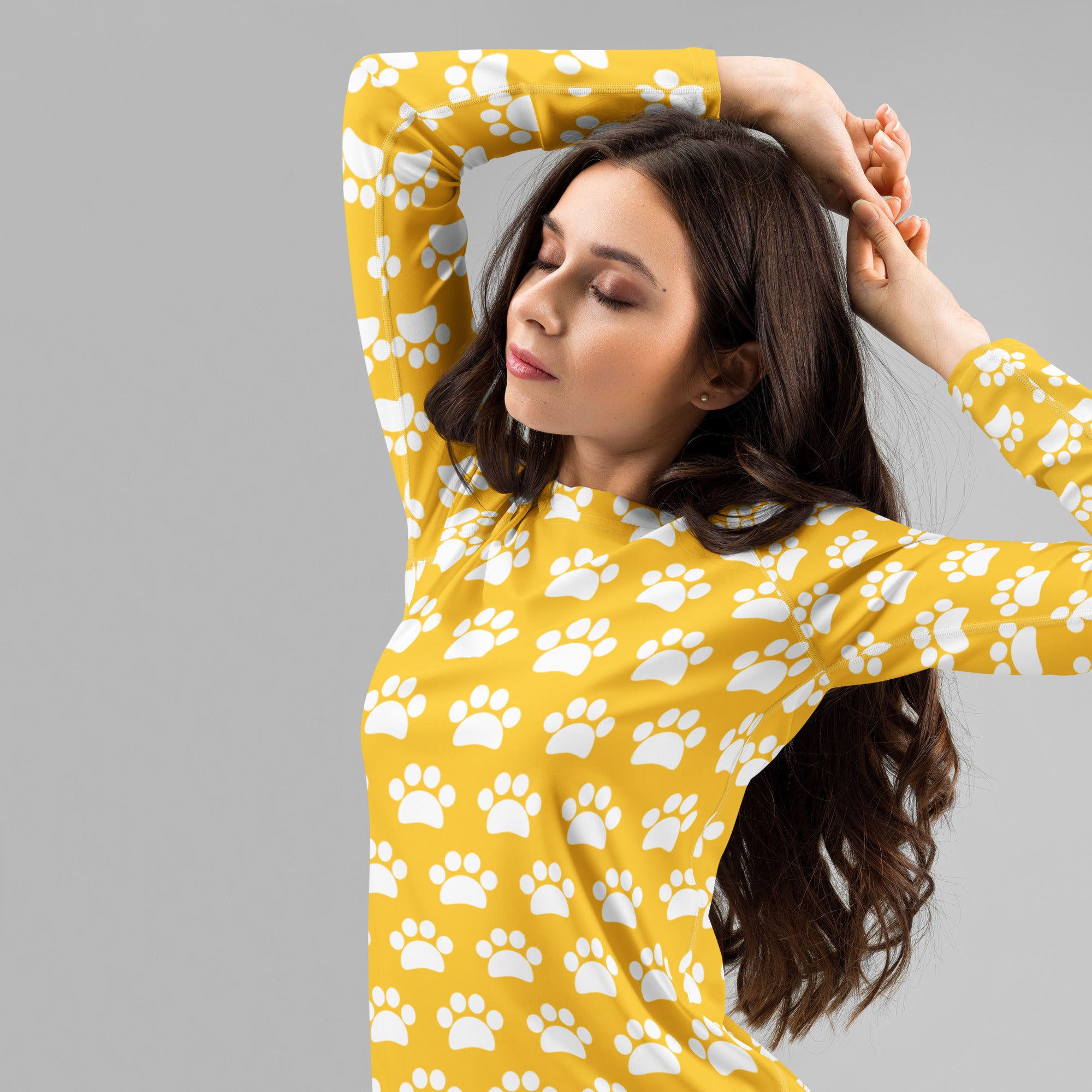Women's Yellow Paw Print Long Sleeve Rash Guard Swim Shirt – Buttery Soft, Sun Safe UPF 50+ Protection, Quick Dry & 4-Way Stretch Comfort