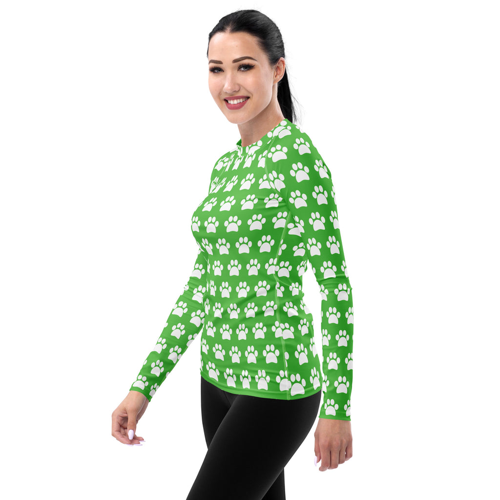 Women's Green Paw Print Long Sleeve Rash Guard Swim Shirt – Buttery Soft, Sun Safe UPF 50+ Protection, Quick Dry & 4-Way Stretch Comfort