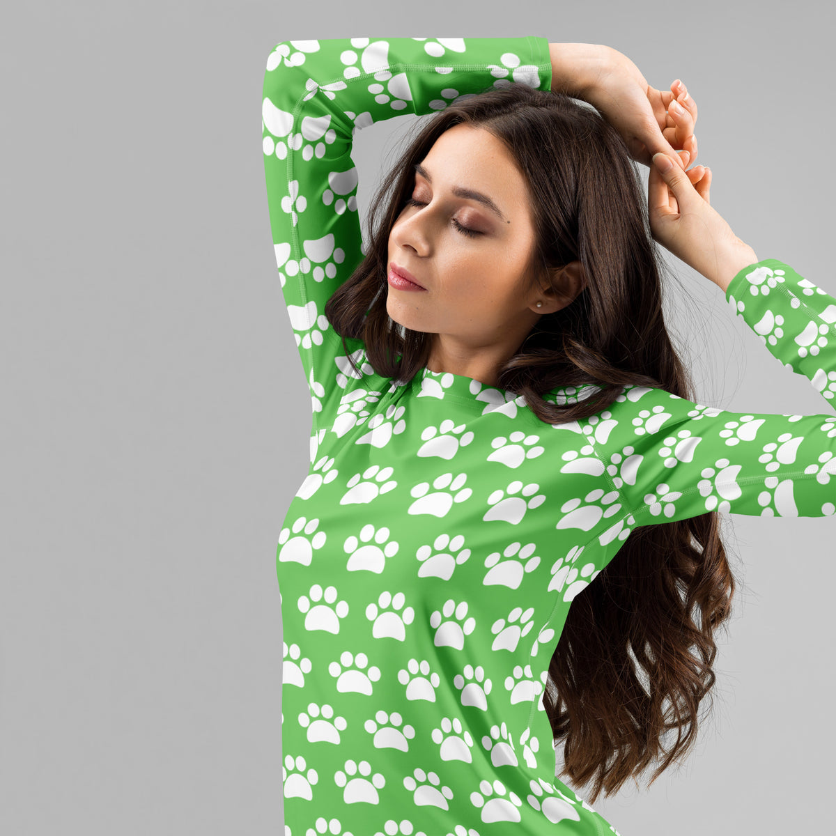 Women's Green Paw Print Long Sleeve Rash Guard Swim Shirt – Buttery Soft, Sun Safe UPF 50+ Protection, Quick Dry & 4-Way Stretch Comfort