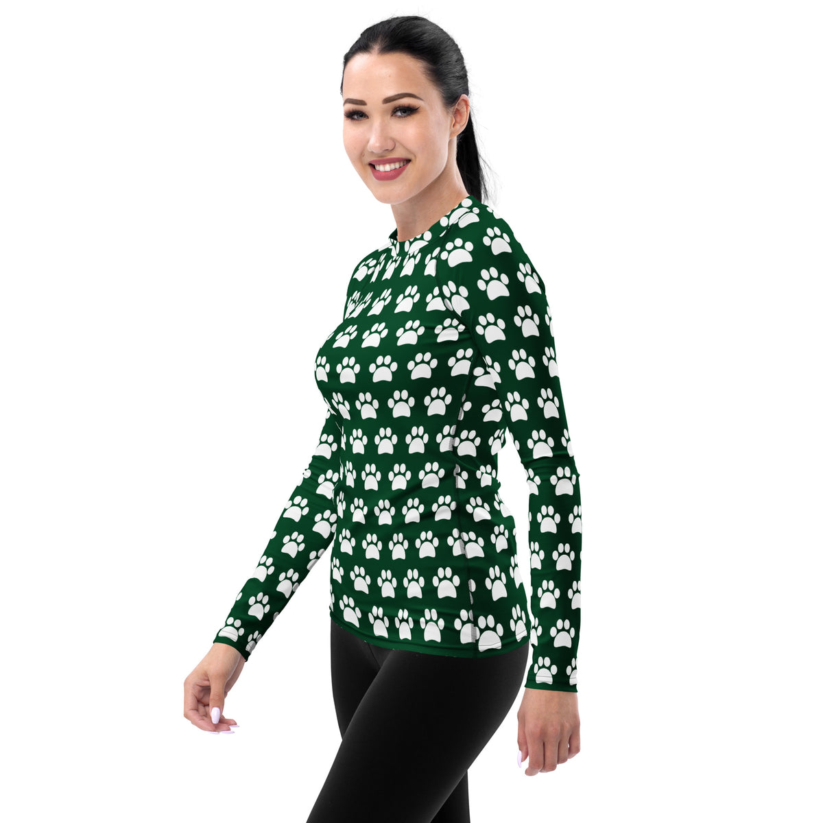 Women's Forest Green Paw Print Long Sleeve Rash Guard Swim Shirt – Buttery Soft, Sun Safe UPF 50+ Protection, Quick Dry & 4-Way Stretch Comfort