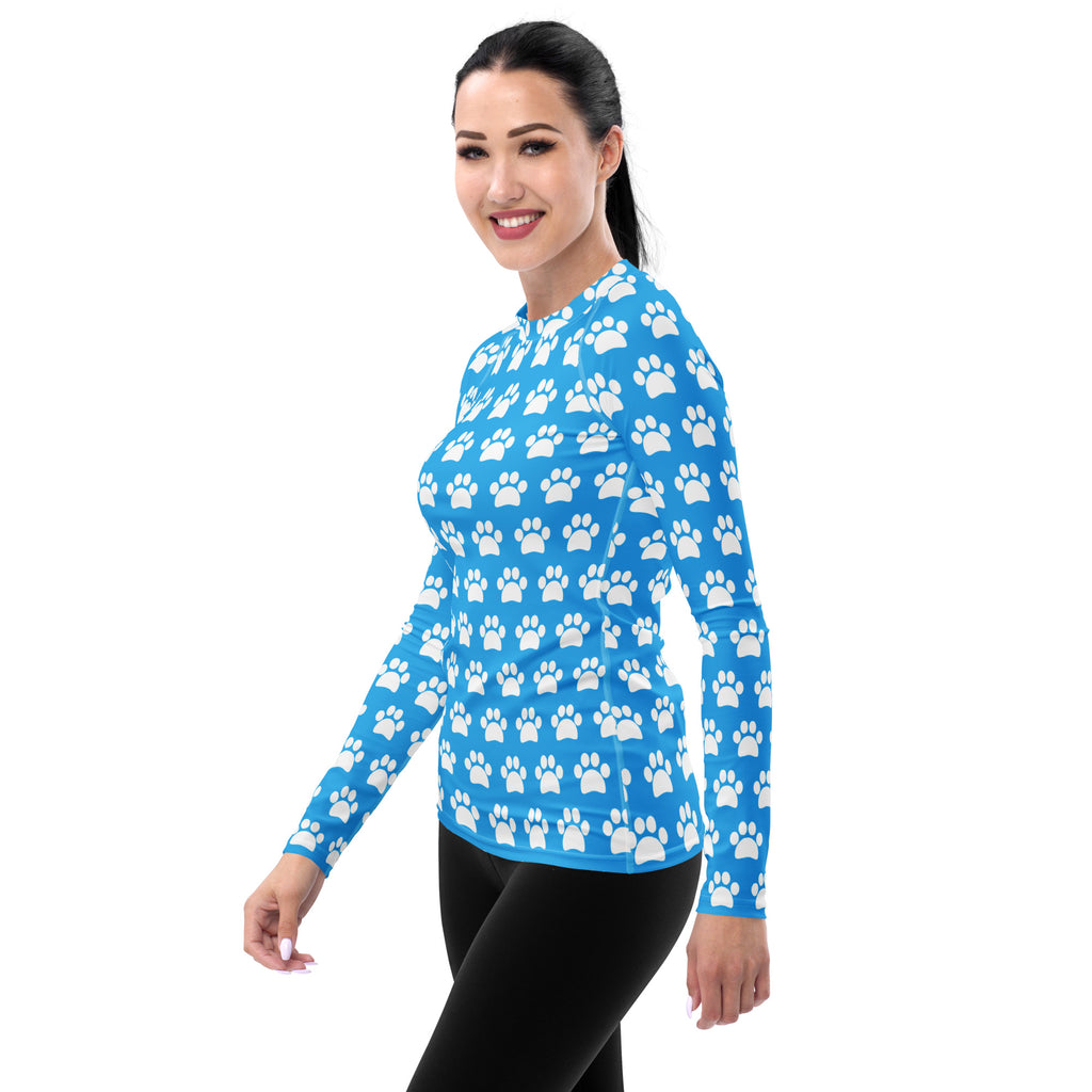 Women's Light Blue Paw Print Long Sleeve Rash Guard Swim Shirt – Buttery Soft, Sun Safe UPF 50+ Protection, Quick Dry & 4-Way Stretch Comfort