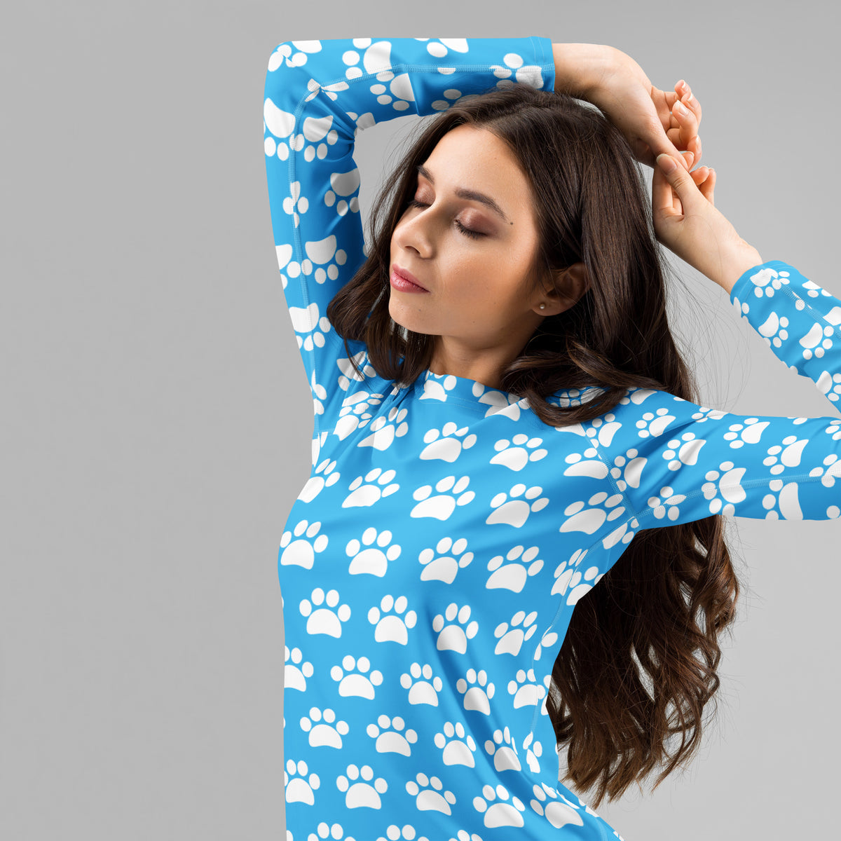 Women's Light Blue Paw Print Long Sleeve Rash Guard Swim Shirt – Buttery Soft, Sun Safe UPF 50+ Protection, Quick Dry & 4-Way Stretch Comfort