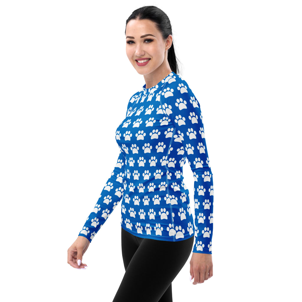 Women's Blue Paw Print Long Sleeve Rash Guard Swim Shirt – Buttery Soft, Sun Safe UPF 50+ Protection, Quick Dry & 4-Way Stretch Comfort