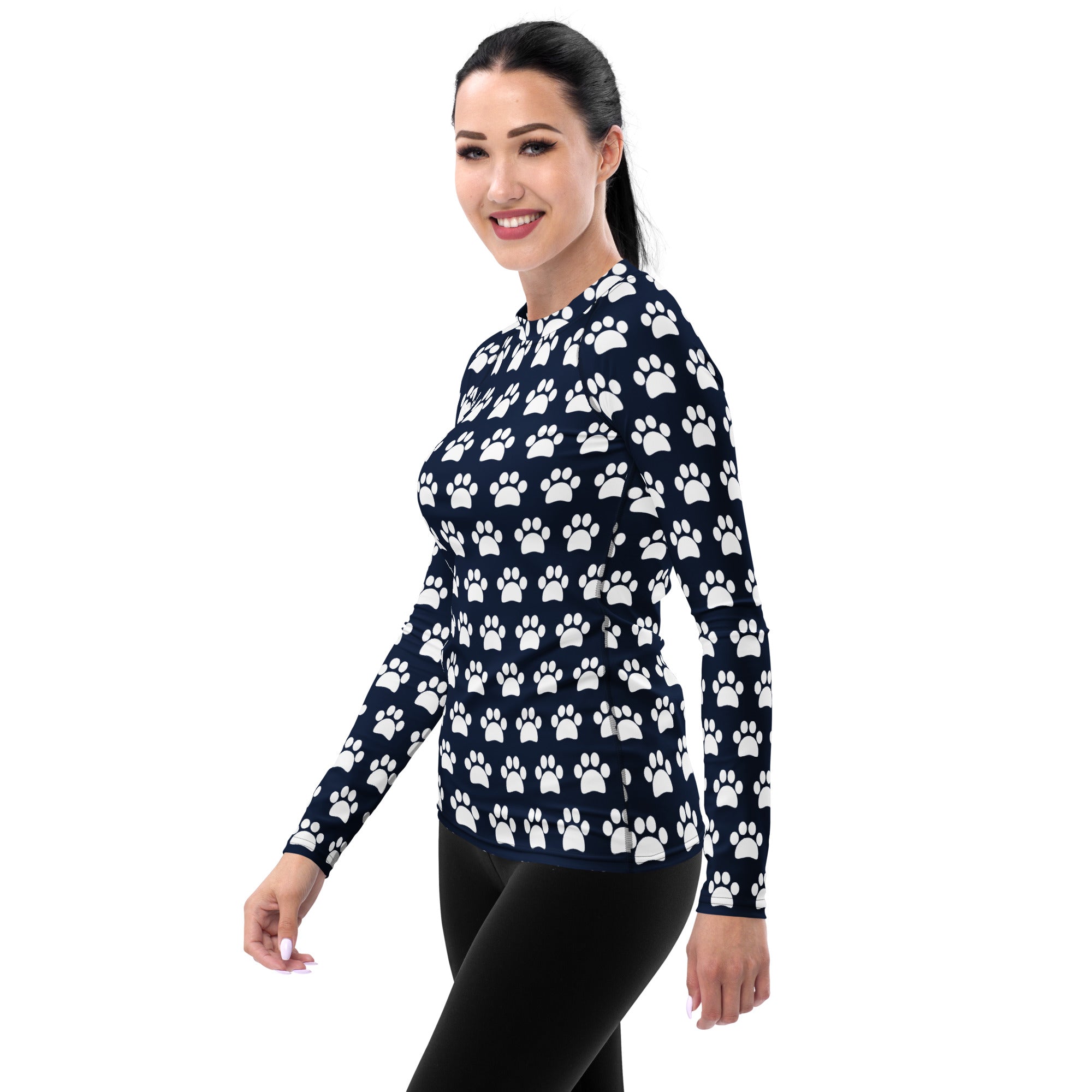 Women's Navy Blue Paw Print Long Sleeve Rash Guard Swim Shirt – Buttery Soft, Sun Safe UPF 50+ Protection, Quick Dry & 4-Way Stretch Comfort