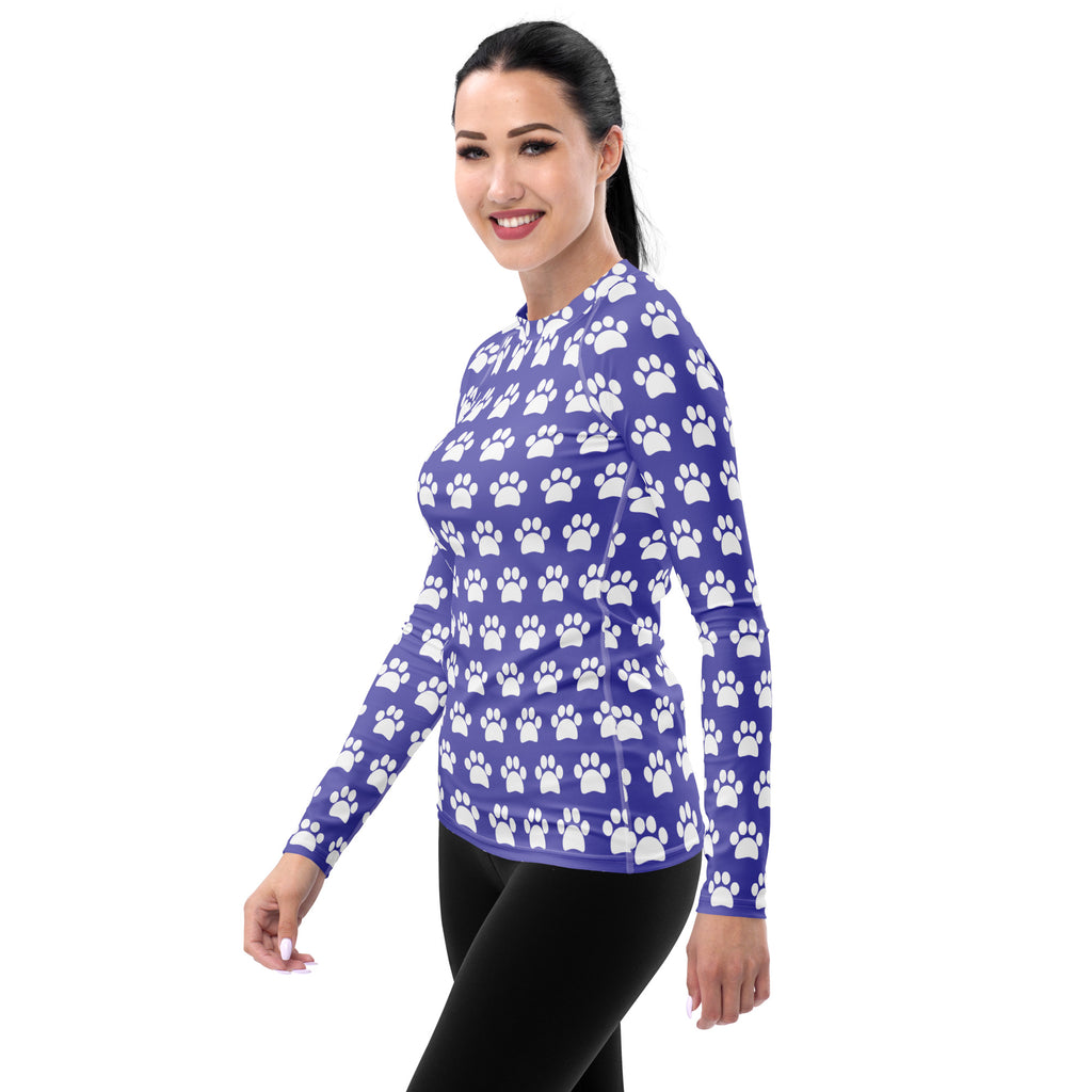 Women's Purple Paw Print Long Sleeve Rash Guard Swim Shirt – Buttery Soft, Sun Safe UPF 50+ Protection, Quick Dry & 4-Way Stretch Comfort