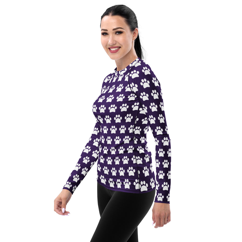 Women's Dark Purple Paw Print Long Sleeve Rash Guard Swim Shirt – Buttery Soft, Sun Safe UPF 50+ Protection, Quick Dry & 4-Way Stretch Comfort
